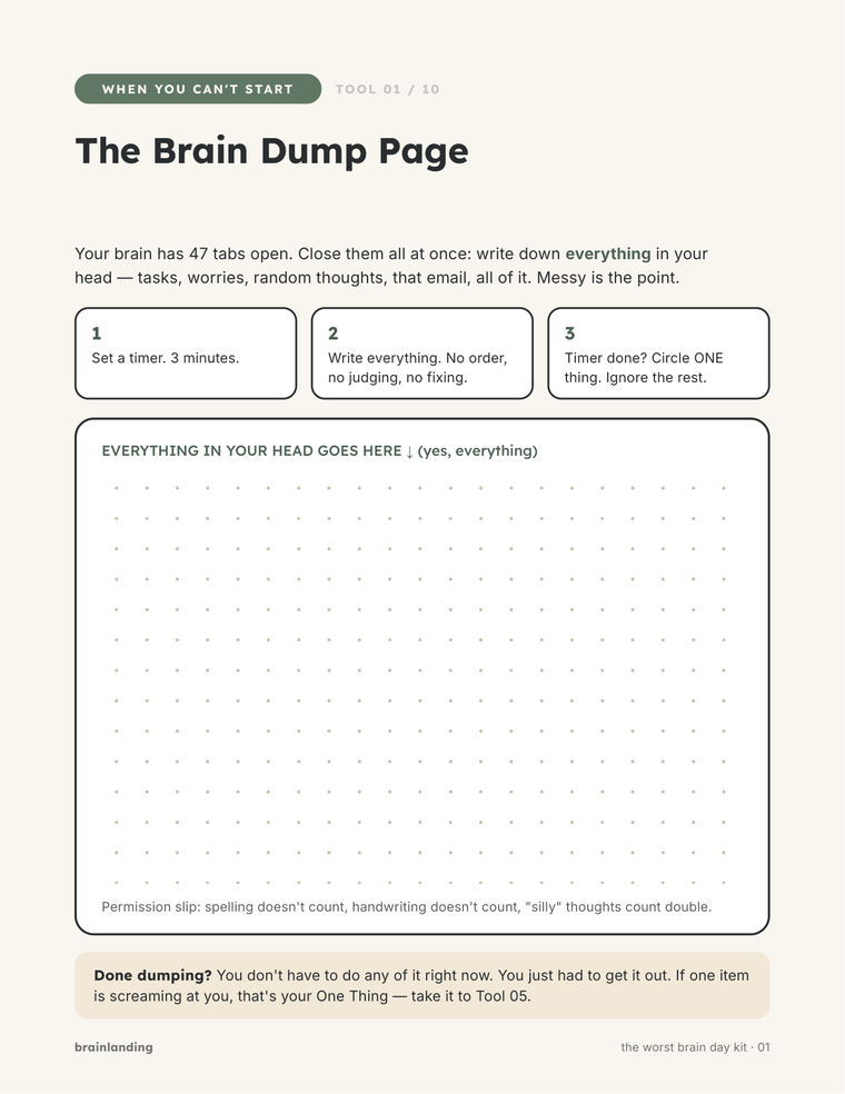 The Brain Dump Page, a one-page ADHD tool with a large dotted writing area